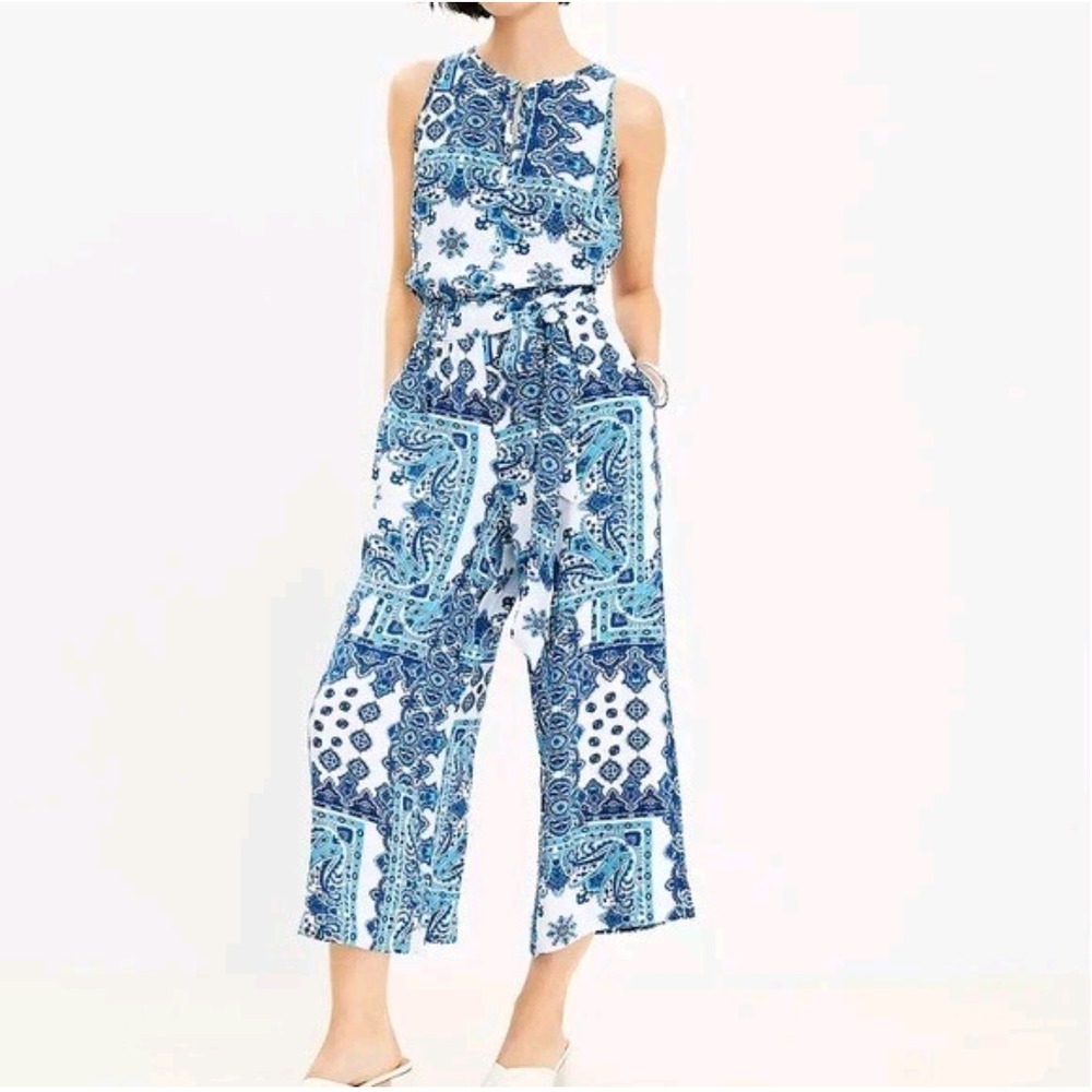 LOFT Jumpsuit Womens Large Blue White Paisley Medallion Sleeveless Wide Leg‎